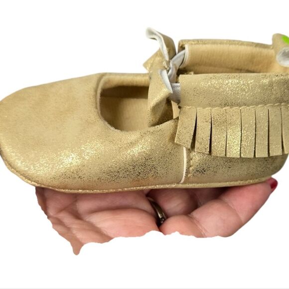 Baby Girl Gold Metallic Bow Moccasins Crib Shoes 6/9 M First Steps Pram Booties - Picture 10 of 10